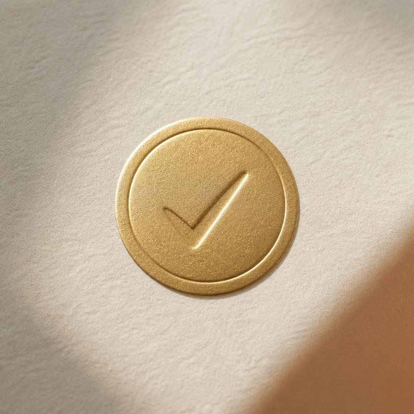 Sello dorado en relieve con una marca de verificación